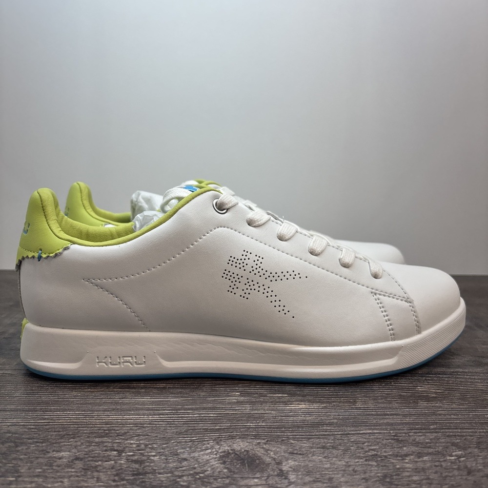 KURU Roam Womens 10 Classic Court Sneaker Leather Bright White-Pale Lime NEW Def